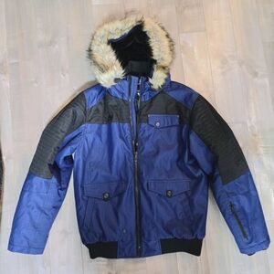 Noize Men's Black and Blue Puffer Jacket with Faux Fur Hood